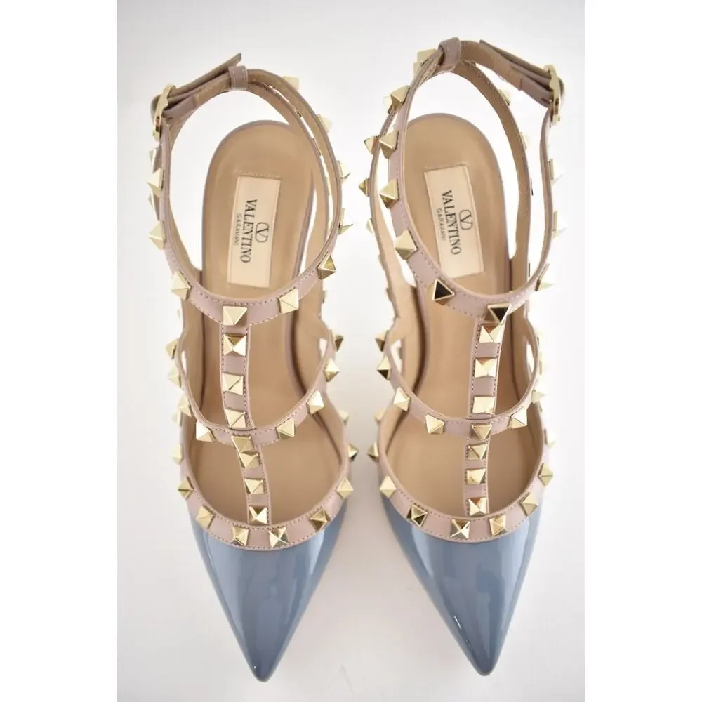 Valentino Rockstud 100mm Grey Blue Patent Poudre Nude Ankle Strap Heel Pump 36.5